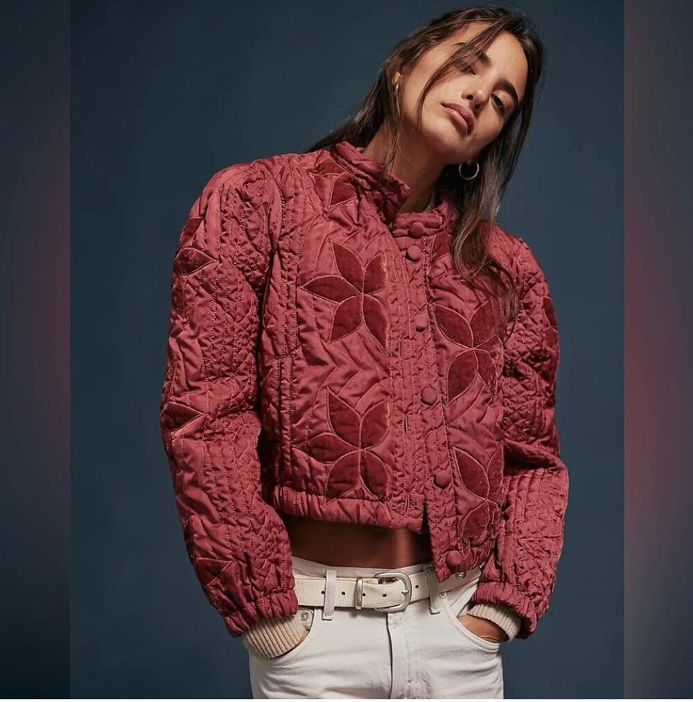 Free People Quinn Quilted Jacket Medium Marsala Crop Boxy Floral Appliqué Coat